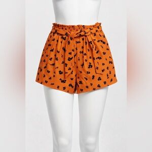 Leith Smocked High Waist Shorts Rust Orange Floral Paperbag Small NWT